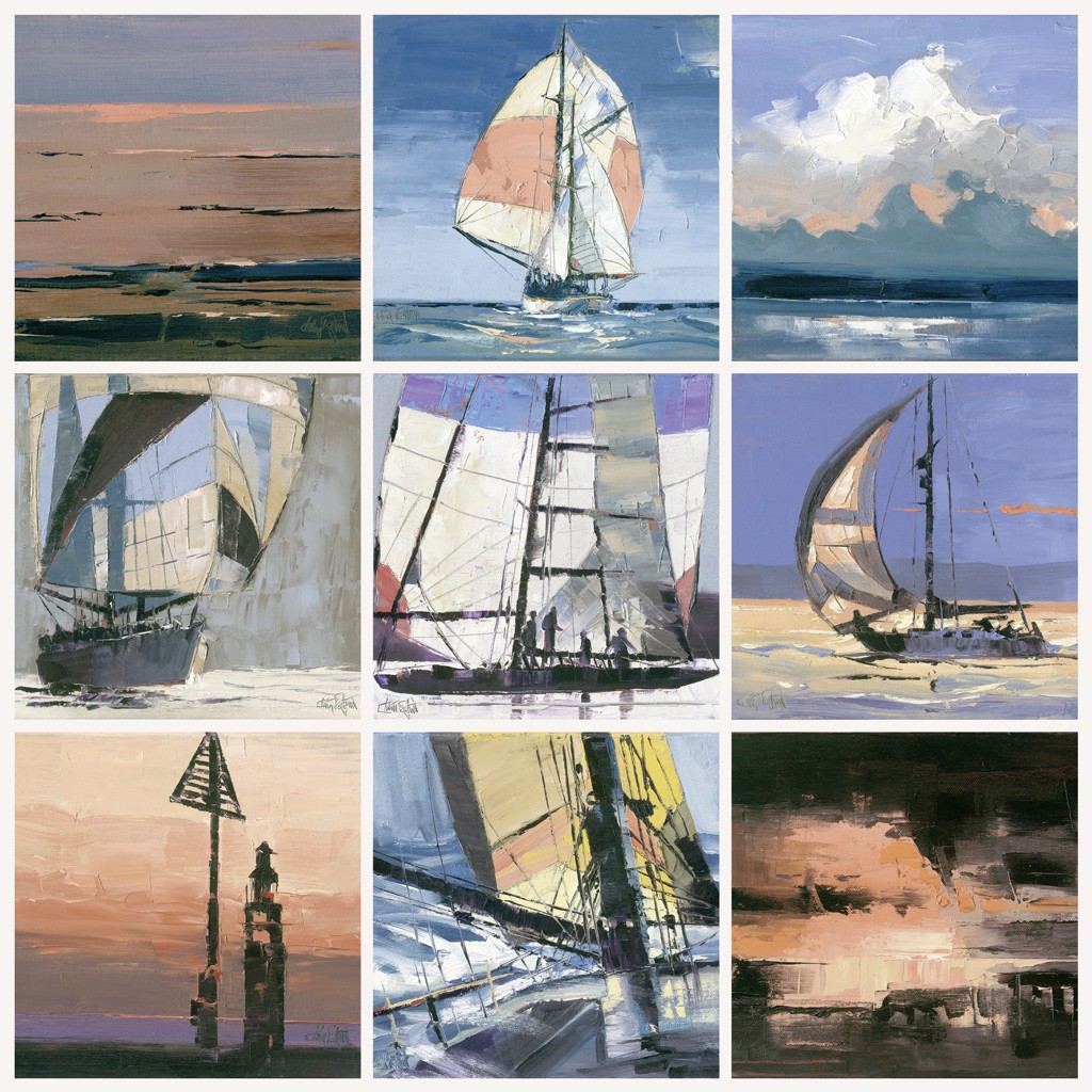 Claus Tegtmeier, Sailing World (Segelboote, Meer, Meeresbrise, Sonnenuntergang, Bilderreihe, maritim, modern, zeitgenössisch, Treppenhaus, Wohnzimmer)