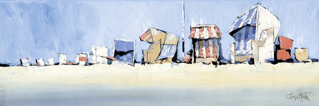 Claus Tegtmeier, Mittagsstrand I (Strand, Strandkörbe, Sand, Sommer, Urlaub, Meeresbrise, abstrahiert, maritim, modern, zeitgenössisch, Treppenhaus, Wohnzimmer)