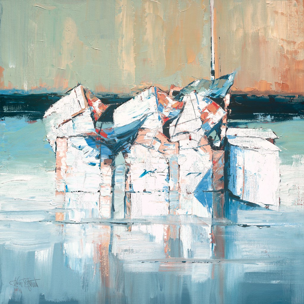 Claus Tegtmeier, Auftakt 3 (Strand, Strandkörbe, Sand, Sommer, Urlaub, Meeresbrise, abstrahiert, maritim, modern, zeitgenössisch, Treppenhaus, Wohnzimmer)