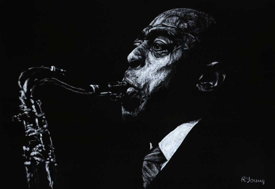 Konfiguration benutzen (Musiker, Saxophonist, Instrument, Blasinstrument,  Malerei, zeitgenössischer Realismus, Wohnzimmer, Musikschule, Wunschgröße, schwarz/weiß)