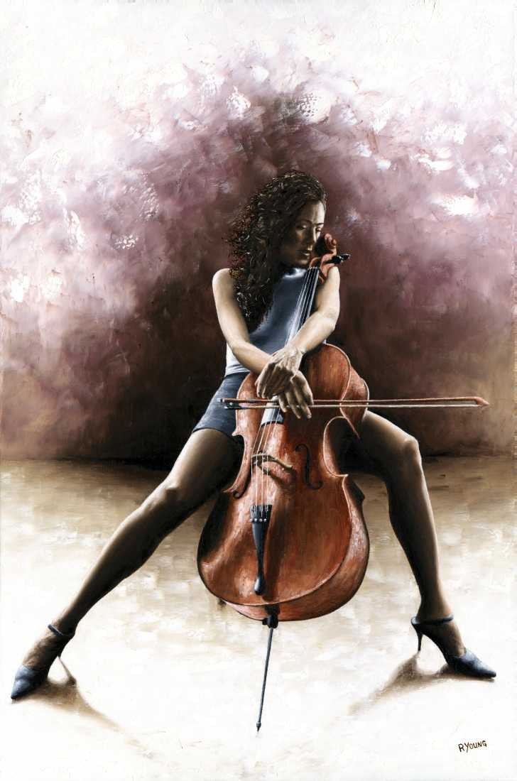 Konfiguration benutzen (Frau, Musikerin, Cellisitin,  erotisch, Malerei, zeitgenössischer Realismus, Wohnzimmer, Bar, Wunschgröße, bunt)