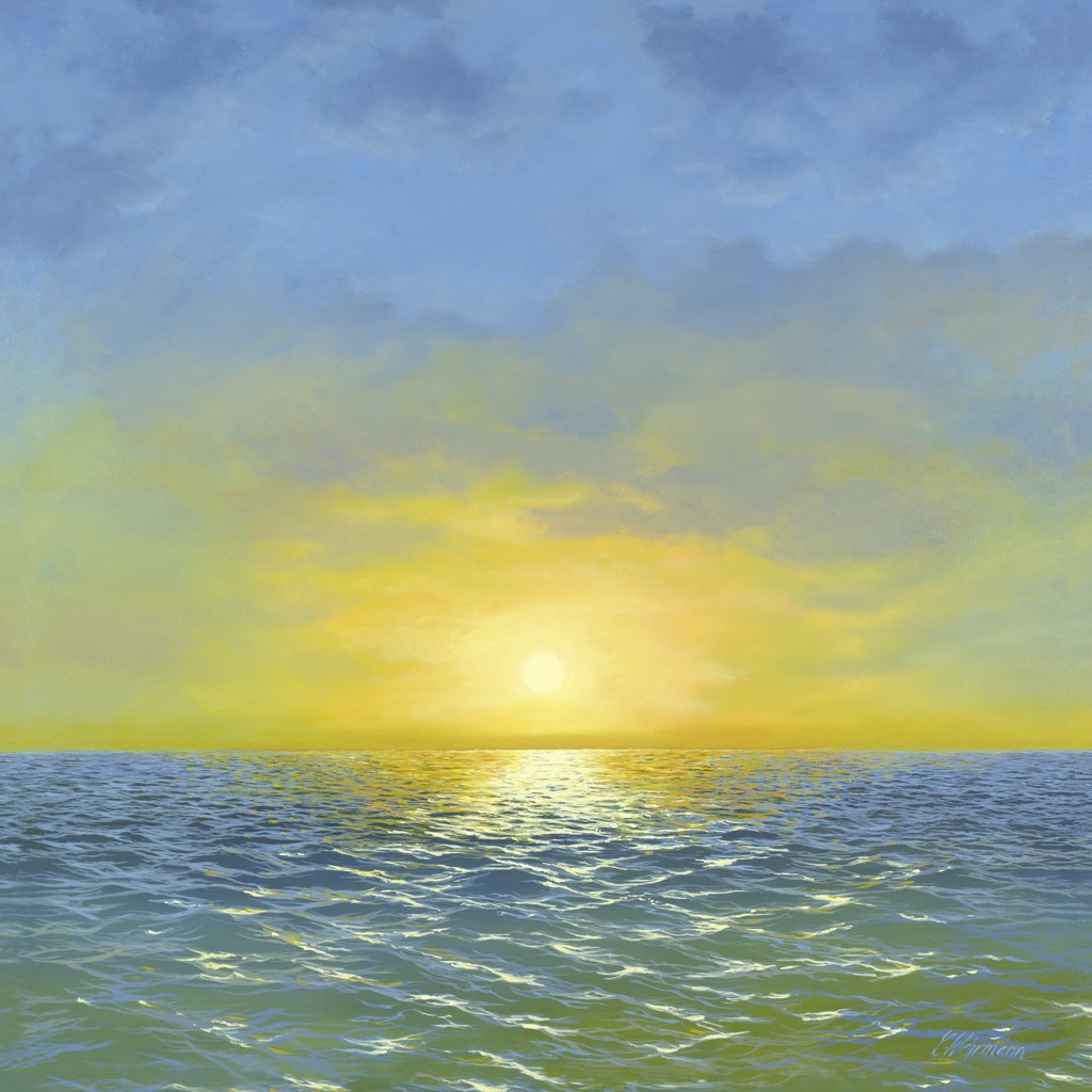 Carolin Wehrmann, Sunset Harmony (Wellen, Meer, Wasser, Sonnenunergang,  Horizont, Wolken, Meerebrise, maritim, naturgetreu, Fotorealismus, Malerei, Wohnzimmer, Badezimmer, bunt)