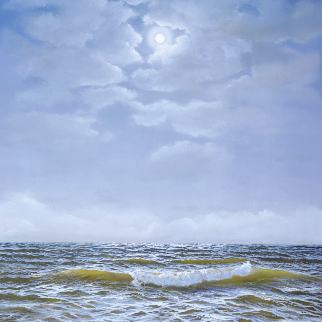 Carolin Wehrmann, Afternoon Sun (Wellen, Meer, Wasser, Gischt, Horizont, Wolken, Meerebrise, maritim, naturgetreu, Fotorealismus, Malerei, Wohnzimmer, Badezimmer, bunt)