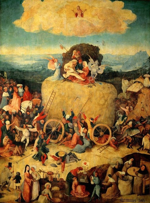 Hieronymus Bosch, Der Triumphzug des Heuwagens (Geistlicher,Christentum,Ernte,Heuwagen,Kaiser,König,Papst,Wolke,Geiz,Renaissance,Allegorie,Nonne,Triumphzug,Phantastische Kunst,Niederländische Kunst,Dreschen,Hals,Pope,Landwirtschaft,Ausschnitt)