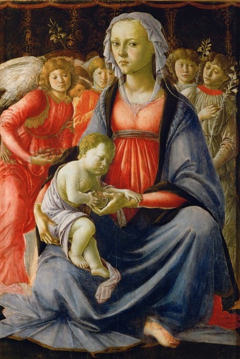 Sandro Botticelli, Maria mit Kind und fünf Engeln  (Christentum, Engel, Neues Tesament, Maria,  Jesus Christus, Jesuskind, Religion,   Renaissance, Klassiker, Schlafzimmer, Wohnzimmer, Wunschgröße, Ausschnitt, Detail,  bunt)