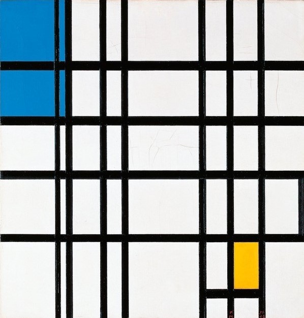 Piet Mondrian, Rhythm of Black Lines (Kunst,Muster,Blau,Schwarz,Gelb,Nahaufnahme,Weiss (Farbe))