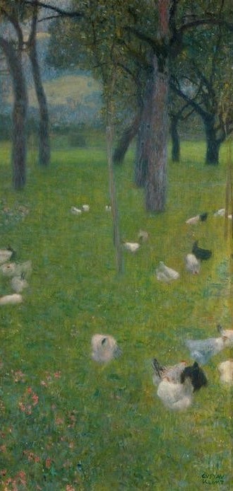 Gustav Klimt, Nach dem Regen  (Klassische Moderne,dekorativ, Jugendstil, Garten, Bäume, Hühner, Natur, bunt, Wohnzimmer, Treppenhaus, Schlafzimmer, Wunschgröße, Malerei)