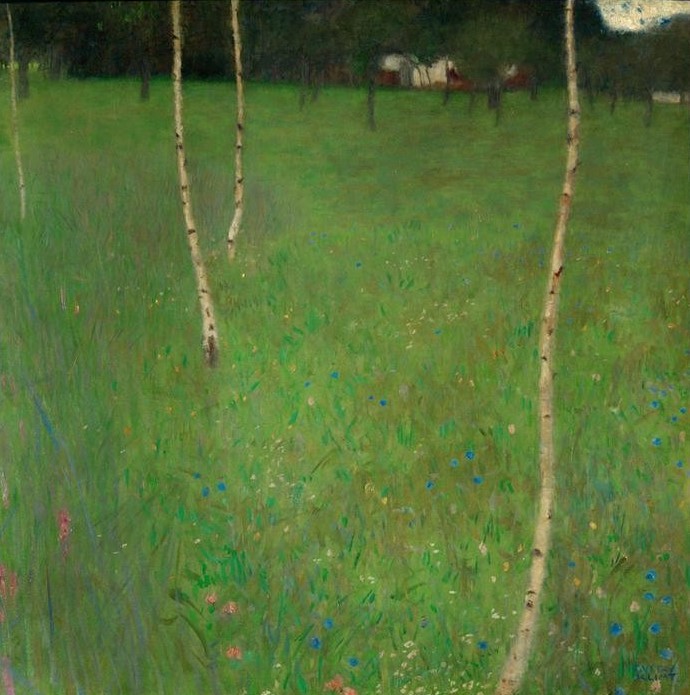 Gustav Klimt, Bauernhaus mit Birken  (Klassische Moderne,dekorativ, Jugendstil,Bäume, Birken, Wiese, Bauernhof, Natur, Landschaft, Wohnzimmer, Treppenhaus, Schlafzimmer, Wunschgröße, Malerei)