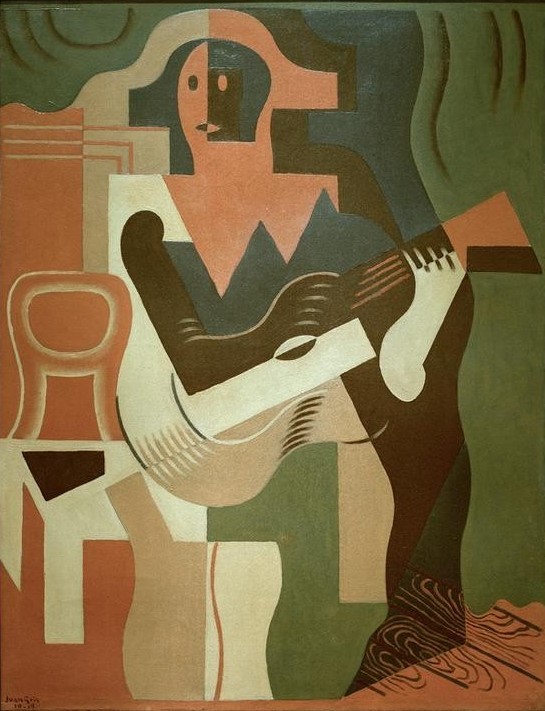 Juan Gris, Sitzender Harlekin mit Gitarre (Gitarre, Musiker, Gitarrenspieler, Musik,  Instrument, Harlekin,  Kubismus,  Klassische Moderne, Malerei, Wohnzimmer, Treppenhaus, Wunschgröße, bunt)