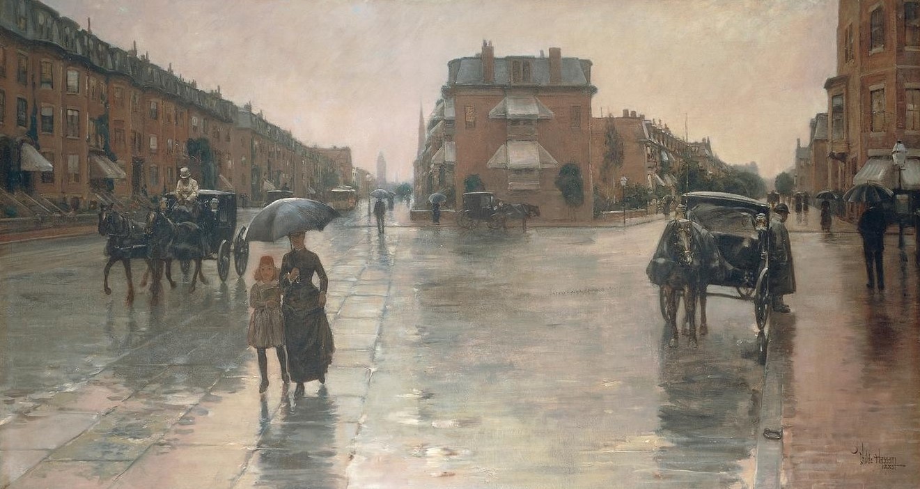 Frederick Childe  Hassam , Rainy day in Boston (Architektur,Kunst,Pferd (Tier),Tag,Stadtleben,Horizontale,Schirm)