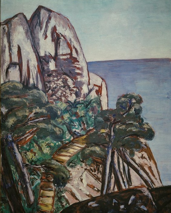 Max Beckmann, untitled (Meer, Küste, Pfad, Weg, Steil, Felsen, Natur, Expressionismus, Landschaft, Wunschgröße, Wohnzimmer, bunt)