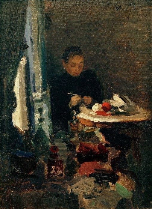 Alexej von Jawlensky, Die Mutter des Künstlers (Familie,Frau,Handarbeit,Künstler,Kunst,Maler (Künstler),Mensch,Tisch,Portrait,Mutter Von Berühmten,Mutter,Der Blaue Reiter,Interieur,Russische Kunst,Frauenleben,Sitzen,Alte Frau,Ganzfigurig,Person)