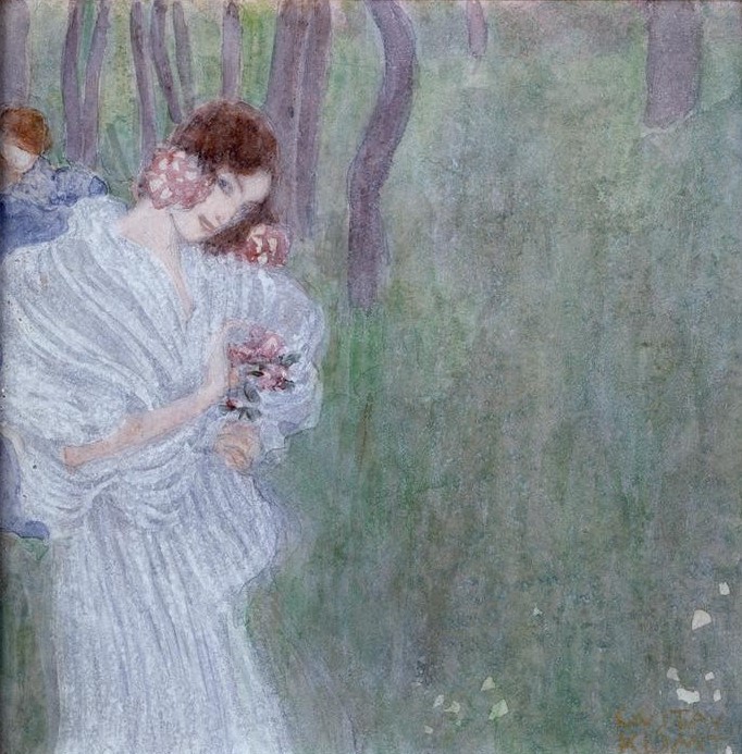 Gustav Klimt, Mädchen mit Blumen in der Hand am Rand eines Waldes  (Mensch und Gesellschaft)
