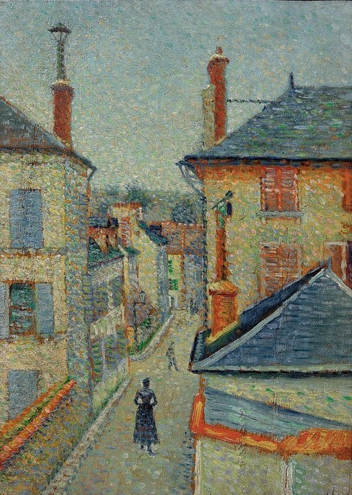 Leo Gausson, Vue de Lagnysur-Marne  (Architektur, Gebäude, Häuser, Straße, Gasse, Frankreich, Pointilismus, klassische Moderne, Malerei, Wunschgröße, Treppenhaus, Wohnzimmer, bunt)