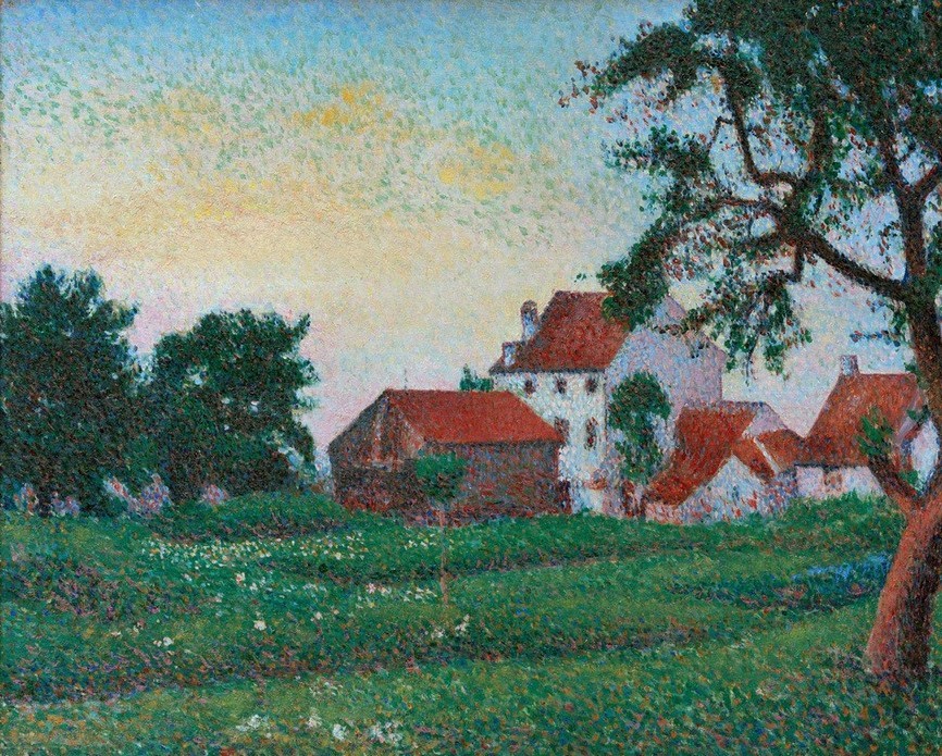 Georges Lemmen, La maison des Fourmarier à la Hulpe  (Landschaft, Hof, Bauernhof, Pointillismus, Wunschgröße, Malerei, Klassische Moderne, Wohnzimmer, Treppenhaus, bunt)