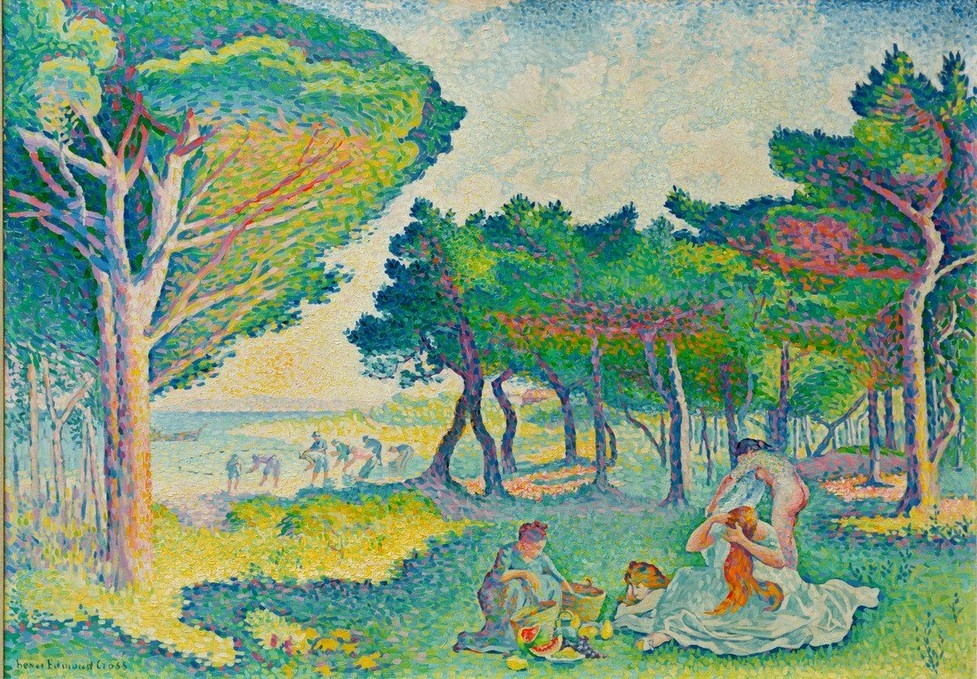 Henri Edmond Cross, Bords mediterranéens (Picknik, Meer, Pinien, Bäume, Badende, Pointilismus, klassische Moderne, Wunschgröße, Malerei, Wohnzimmer)