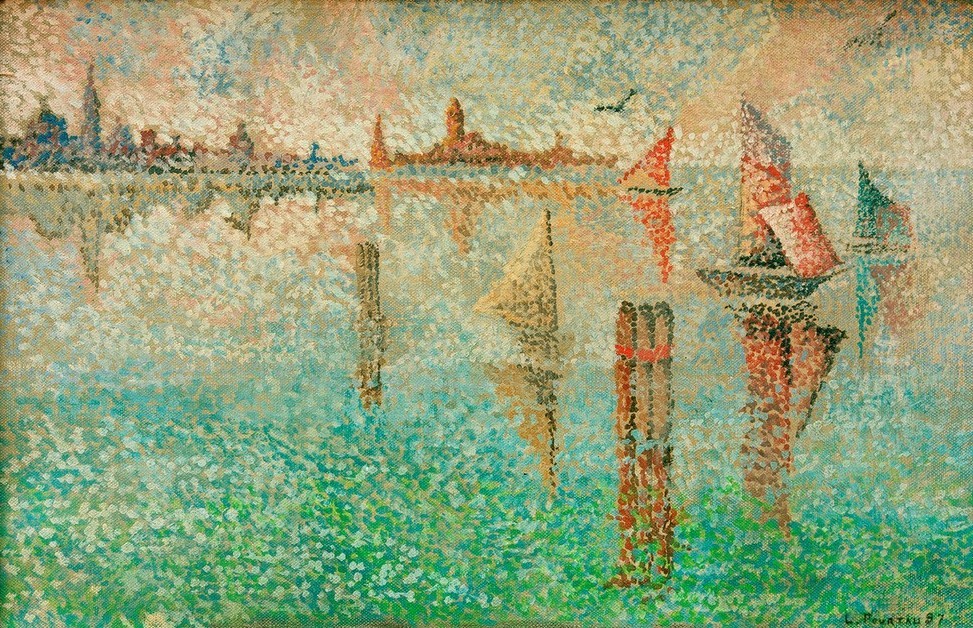 Leon Pourtau, Les voiliers  (See, Segelboote, Spiegelungen, Pointilismus, Wunschgröße, Klassische Moderne, Wunschgröße, Wohnzimmer)