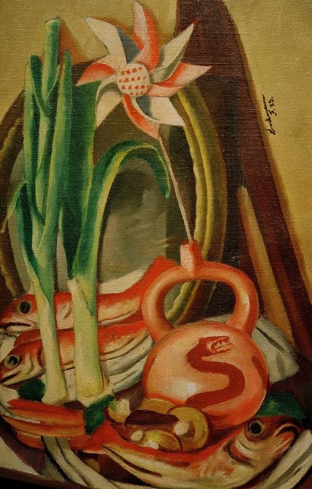 Max Beckmann, Stilleben mit Fischen und Papierblume (Stillleben, Expressionismus, Klassische Moderne, Malerei, Wohnzimmer, Esszimmer, Treppenhaus, Wunschgröße, bunt)