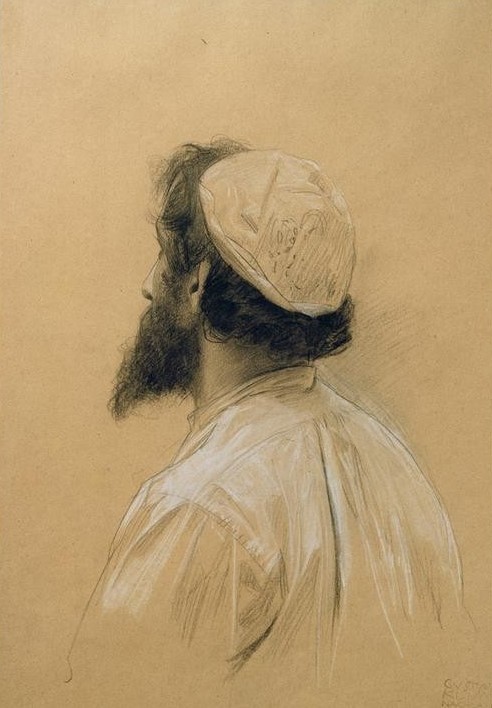 Gustav Klimt, Bärtiger jüngerer Mann mit Kappe im verlorenen Profil…  (Persönlichkeiten)