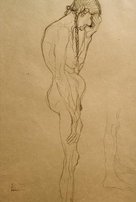 Gustav Klimt, Stehende alte Frau im Profil nach rechts, Beinstudie  (Mensch und Gesellschaft)