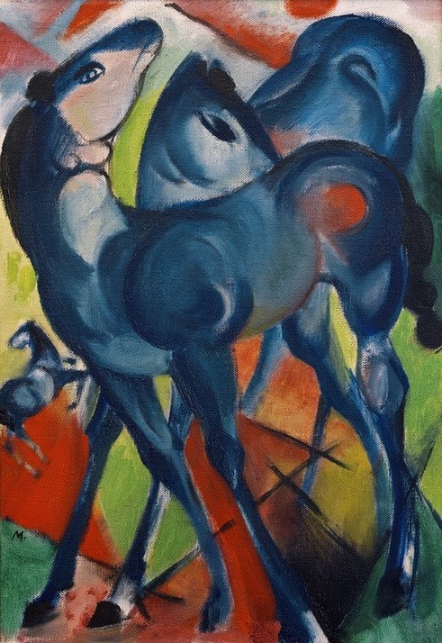 Franz Marc, Die blauen Fohlen (Deutsche Kunst,Kunst,Pferd (Tier),Zoologie,Expressionismus,Der Blaue Reiter,Tier,Blau,Monogramm,Jungtier,Fohlen,Farbe)