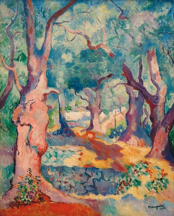 Henri Charles Manguin, Les oliviers à Cavalière (Natur, Olivenhain, Olivenbäume, Bäume, Fauvismus, Malerei, Wunschgröße, Klassische Moderne, Wohnzimmer, bunt)