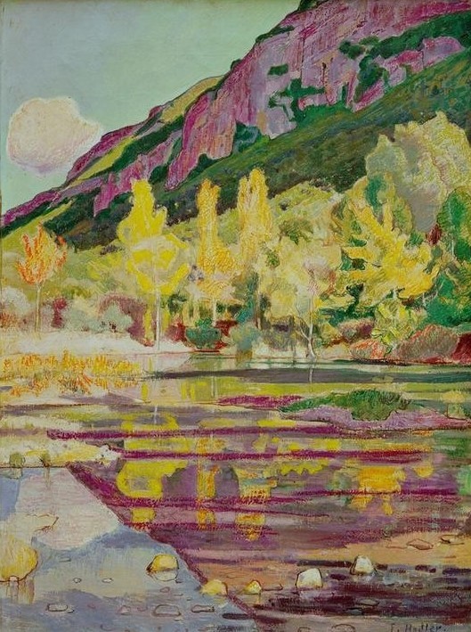 Ferdinand Hodler, Am Fuß des Petit Salève (Gebirge,Landschaft,See,Spiegelung,Schweizerische Kunst)