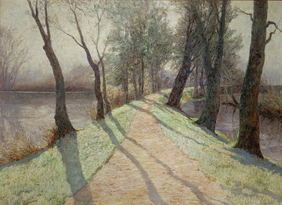 Olga Wisinger-Florian, Der erste Reif  (Natur, Allee, Bäume, Bach, Raureif, Spätherbst, Jahreszeit,  Wunschgröße, Impressionismus, Wohnzimmer)