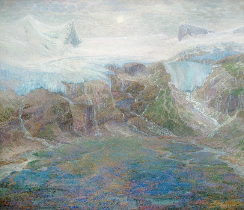 Emilie Mediz-Pelikan, Der Schlattenkäsgletscher  (Landschaft, Landschaftsmalerei, Gletscher, Schlatenkees,  Berge, Tal, Schlatenkees, Östereich, Impressionismus,  Klassische Moderne, Wohnzimmer, Treppenhaus, Wunschgröße, bunt)