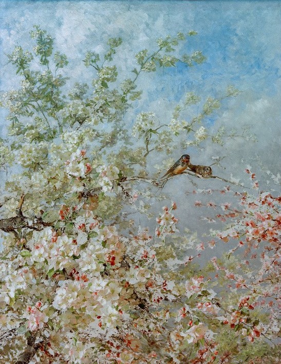 Olga Wisinger-Florian, Der Mai  (Natur, Baum, Obstbaum, Blüten, Frühling, Jahreszeit, Vögel, Vogelpaar, Wunschgröße, Impressionismus, Wohnzimmer)