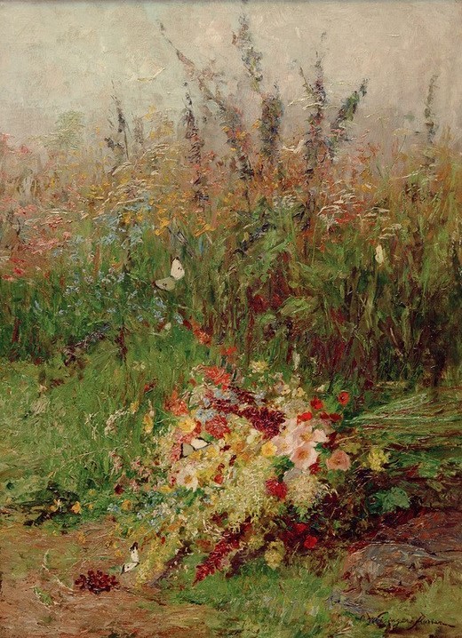Olga Wisinger-Florian, Wiesenblumenstrauß am Wegesrand  (Natur, Wiese, Blumenwiese, Blumenstrauß, Sommer, Pflanzen, Schmetterlinge, Wunschgröße, Impressionismus, Wohnzimmer)