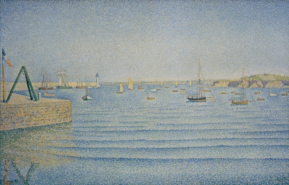 Paul Signac, Der Hafen von Portrieux (Geographie,Hafen,Küste,Kunst,Landschaft,Mole,Schiff,Segelschiff,Meer,Segelboot,Pointillismus,Französische Kunst,Ansicht,Topographie,Postimpressionismus,Signatur,Schifffahrt)