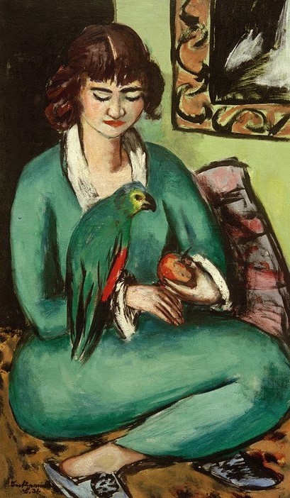 Max Beckmann, Quappi mit Papagei (Portrait, Persönlichkeiten, Papagei, Klassische Moderne, Malerei, Expressionismus, Mensch und Gesellschaft, Wunschgröße, Wohnzimmer, bunt)
