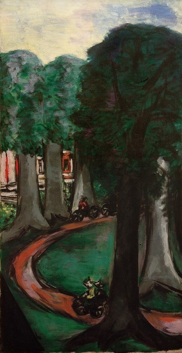 Max Beckmann, Parkweg (Landschaft, Park, Parkweg, Bäume, Radfahrer, Klassische Moderne, Malerei, Expressionismus, Wunschgröße, Wohnzimmer, bunt)