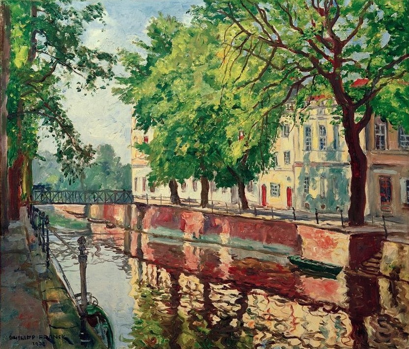 Philipp Franck, Potsdamer Stadtkanal (Boot,Brücke,Deutsche Kunst,Geographie,Gewässer,Kanal,Kunst,Impressionismus,Spiegelung,Architekturdarstellung,Sonnenlicht,Topographie)