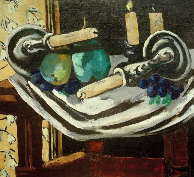 Max Beckmann, Stillleben mit umgestürzten Kerzen (Stillleben, Expressionismus, Klassische Moderne, Malerei, Wohnzimmer, Esszimmer, Treppenhaus, Wunschgröße, bunt)