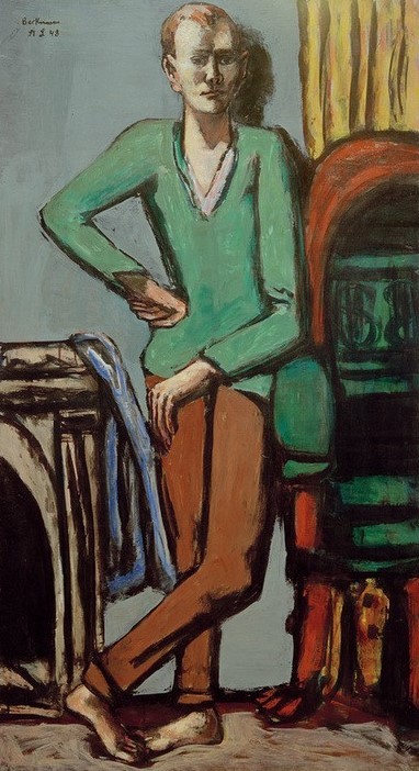 Max Beckmann, Bildnis Walter Barker (Portrait, Ganzkörperportrait, Künstler, Schüler, lässig, barfuß, Klassische Moderne, Malerei, Expressionismus, Persönlichkeiten, Wunschgröße, Wohnzimmer, bunt)