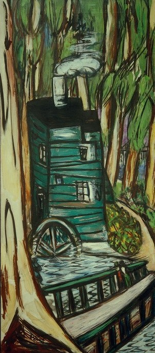 Max Beckmann, Mühle im Eukalyptuswald (Mills College) (Landschaft, Landschafstmalerei, Wald, Mühle, Mühlrad, Bäume, Klassische Moderne, Malerei, Expressionismus,  Wunschgröße, Wohnzimmer, bunt)