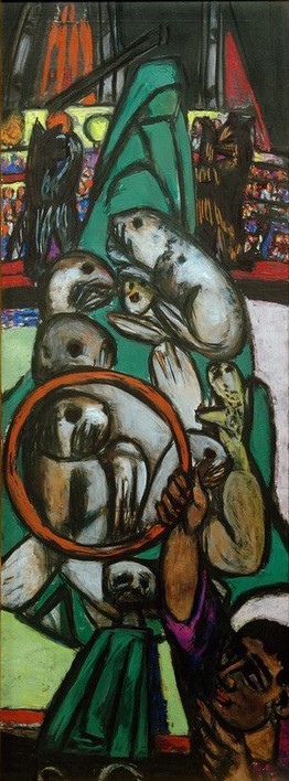 Max Beckmann, Sea Lions (Zirkus, Vorstellung, Seehunde, Dressur, Tiere, Mensch und Gesellschaft,  Klassische Moderne, Malerei, Expressionismus, Wunschgröße, Wohnzimmer, bunt)