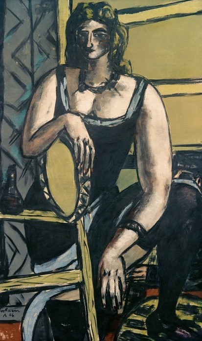 Max Beckmann, Tänzern mit Tamburin (Frau, Tänzerin, Portrait, Musikinstrument, Tamburin, Menschen, Expressionismus, Klassische Moderne, Malerei, Wohnzimmer, Treppenhaus, Wunschgröße, bunt)