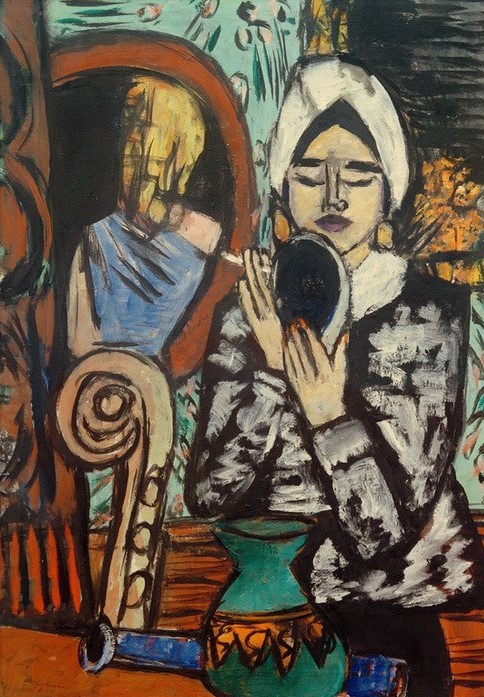 Max Beckmann, Dame mit Spiegel (Frau, Rauchende, Zigarette, Spiegel, Menschen, Expressionismus, Klassische Moderne, Malerei, Wohnzimmer, Treppenhaus, Wunschgröße, bunt)