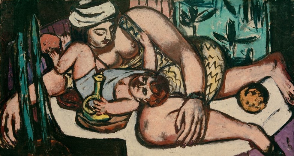 Max Beckmann, Mutter mit spielendem Kind (Familie, Mutter, Baby, Klassische Moderne, Malerei, Expressionismus, Mensch und Gesellschaft, Wunschgröße, Wohnzimmer, bunt)