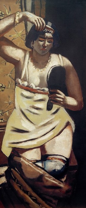 Max Beckmann, Zigeunerin, Akt mit Spiegel (Frau, Halbakt, Haare kämmen, Klassische Moderne, Malerei, Expressionismus, Mensch und Gesellschaft, Wunschgröße, Wohnzimmer, bunt)