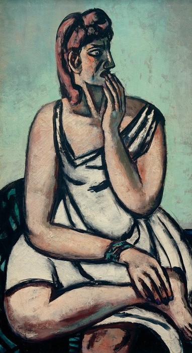 Max Beckmann, Die Erschrockene (Frau, Profil, Schreck, erschrocken, Menschen, Expressionismus, Klassische Moderne, Malerei, Wohnzimmer, Treppenhaus, Wunschgröße, bunt)