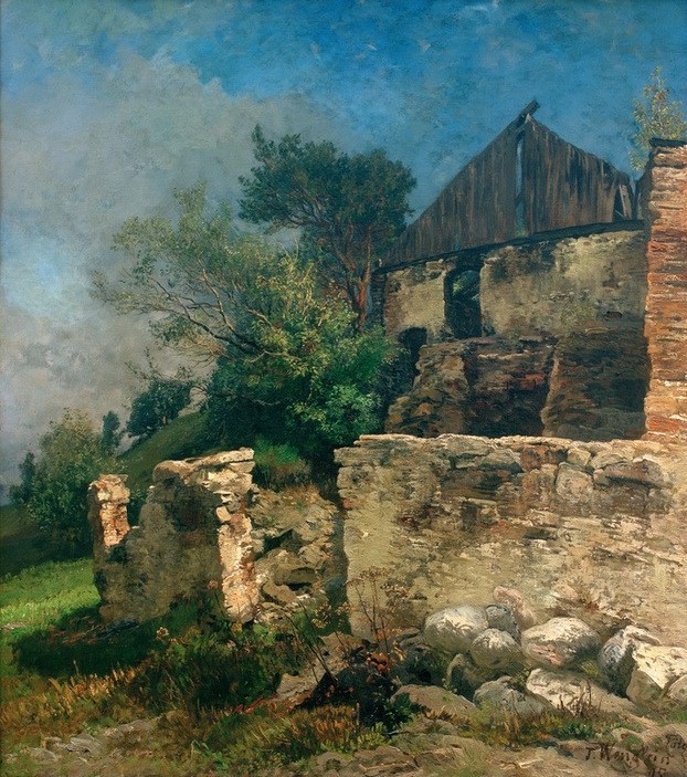 Josef Wenglein, Alter Stadel bei Tölz  (Landschaftsmalerei, Mauerwerk, Stall, Verfall, baufällig, Realismus, Klassiker, Wunschgröße, Wohnzimmer)