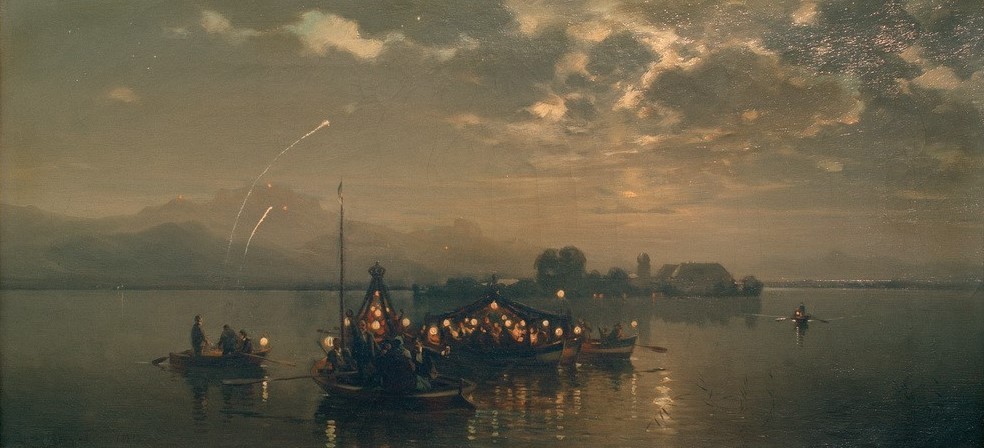 Joseph Wopfner, Nächtliche Kahnfahrt auf dem Chiemsee  (Chiemsee, Bayern, Boote, Laternen, Nachtszene, Nostalgie, Münchener Schule, Wunschgröße, Malerei, Klassiker, Wohnzimmer)