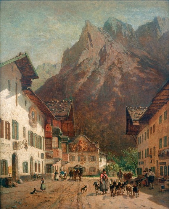 Robert Schleich, Häuser in Mittenwald  (Dorf, Dorfleben, Ziegenhirtin, Bayern, Berge, Gebirge, Nostalgie, rustikal,  Romantik, Wunschgröße, Wohnzimmer,)