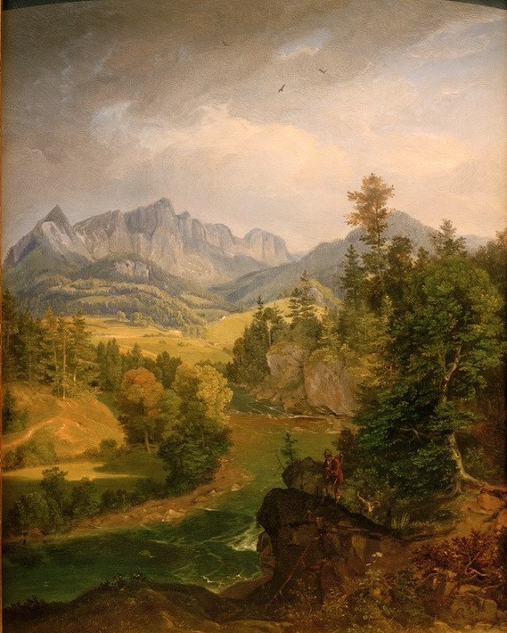 Carl Rottmann, Gebirgslandschaft mit Flusslauf bei Berchtesgaden  (Landschaftsmalerei, Deutschland, Bayern, Idylle, Berge, Alpen, Panorama, Wanderer, Malerei, Romantik, Klassiker, Wunschgröße, Wohnzimmer, bunt)