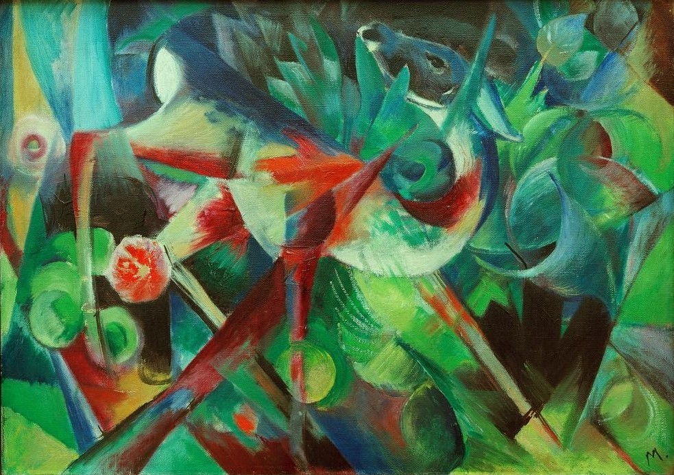 Franz Marc, Reh im Blumengarten (Deutsche Kunst,Kunst,Zoologie,Expressionismus,Der Blaue Reiter,Reh,Rotwild,Ziergarten,Tier,Blume,Monogramm,Wild,Farbigkeit,Garten)