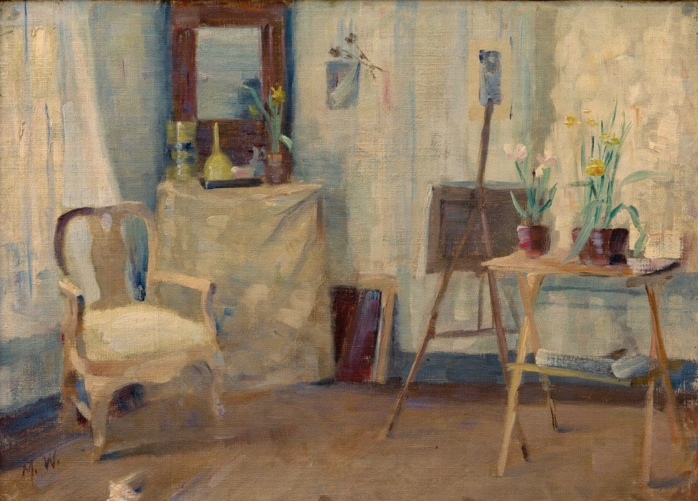 Maria Wiik, Im Atelier  (Zimmer, Interieur, Innenraum, Atelier, Staffelei, Spiegel, hell, Impressionismus, Wohnzimmer, Wunschgröße, Klassiker)